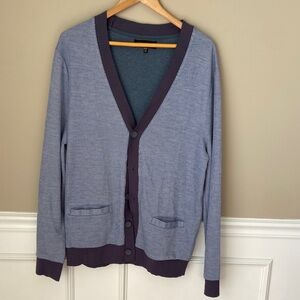 Men's Blue and White Stripe Cardigan Sweater- XL